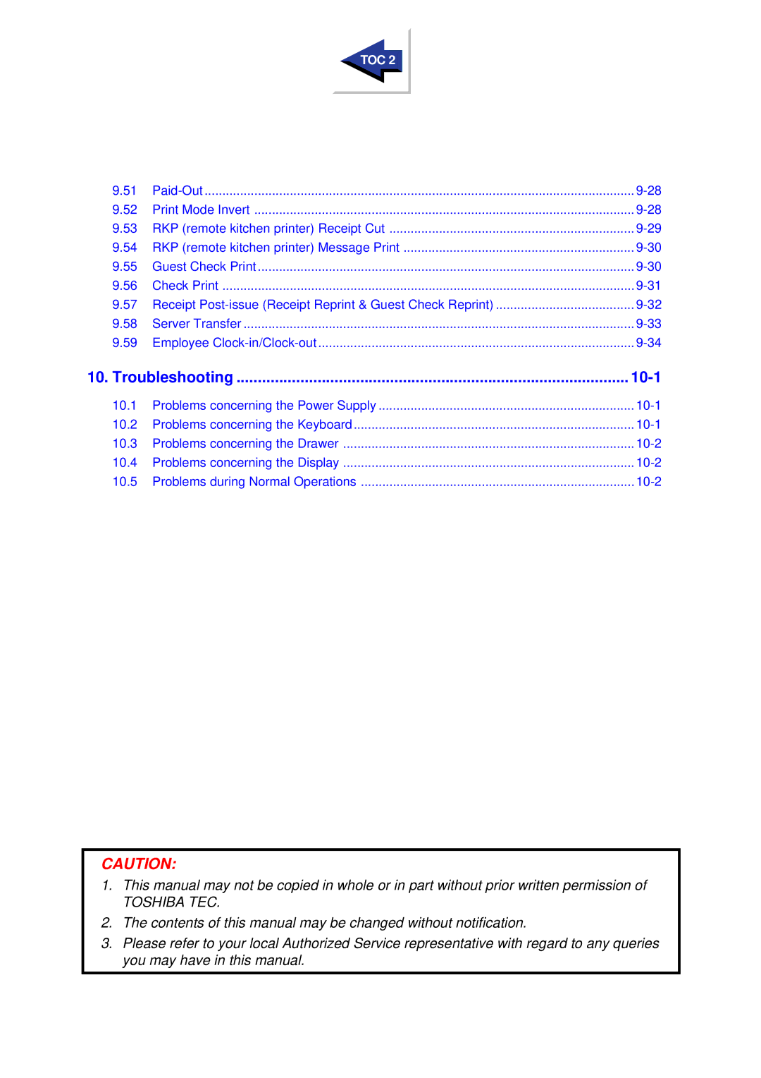 Toshiba FS-2600-1 owner manual Troubleshooting 10-1 