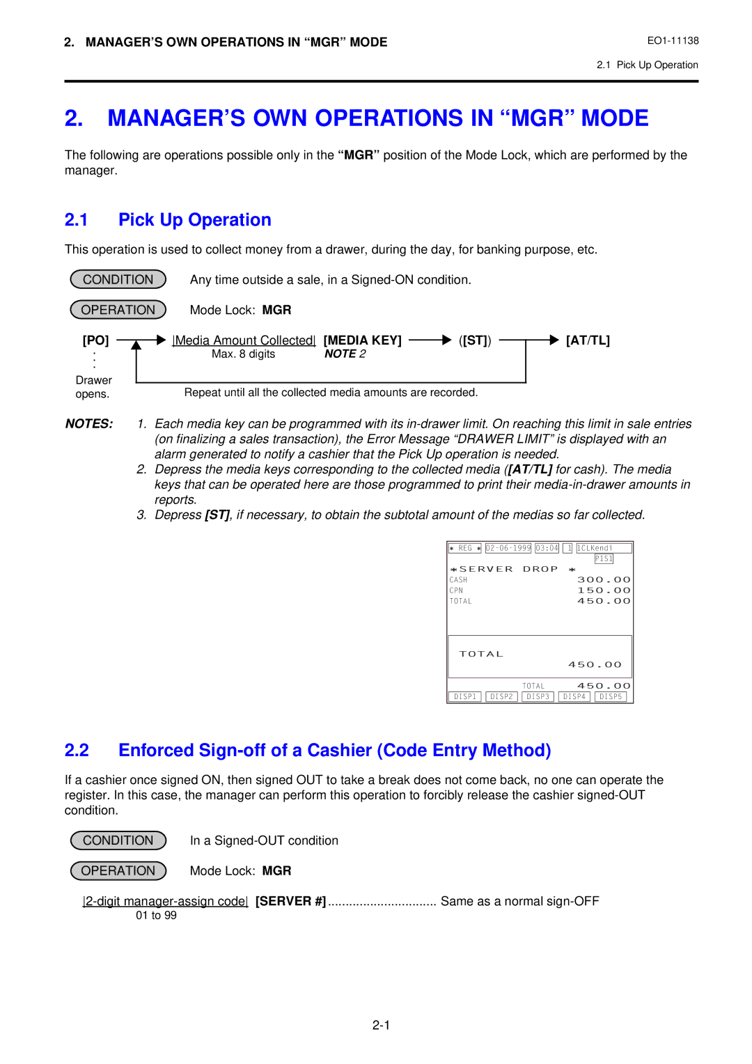 Toshiba FS-2600-1 owner manual MANAGER’S OWN Operations in MGR Mode, Pick Up Operation, Media KEY 