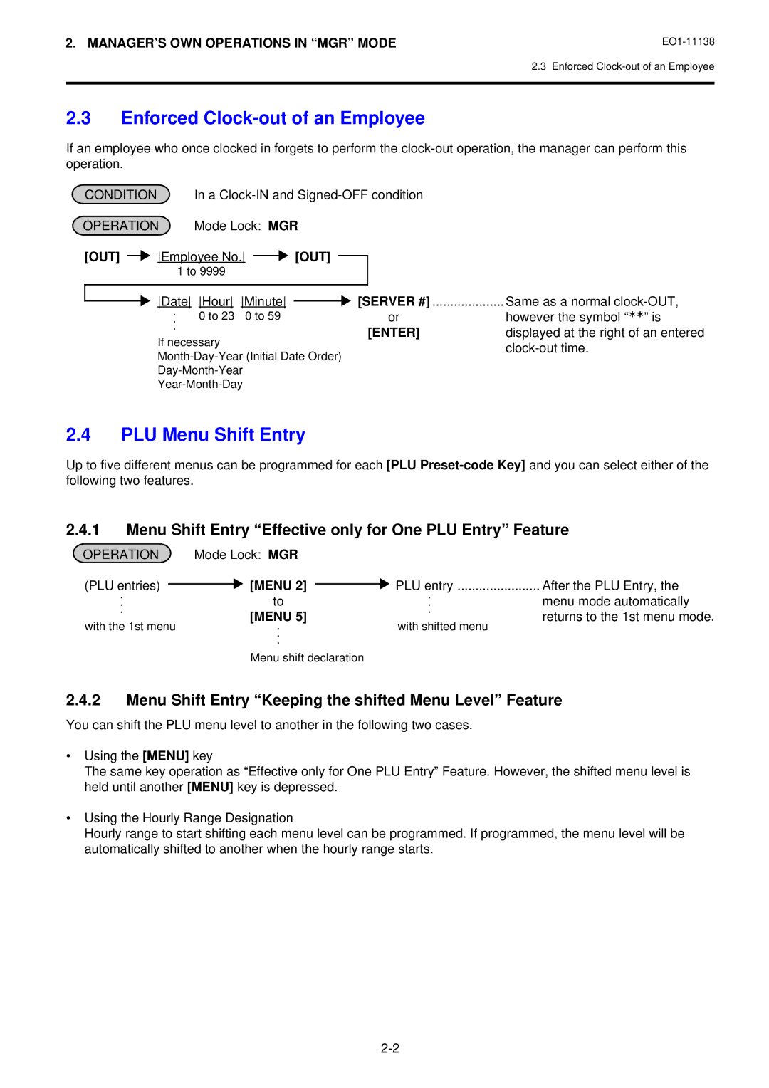 Toshiba FS-2600-1 owner manual Enforced Clock-out of an Employee, PLU Menu Shift Entry, Menu 2 to 