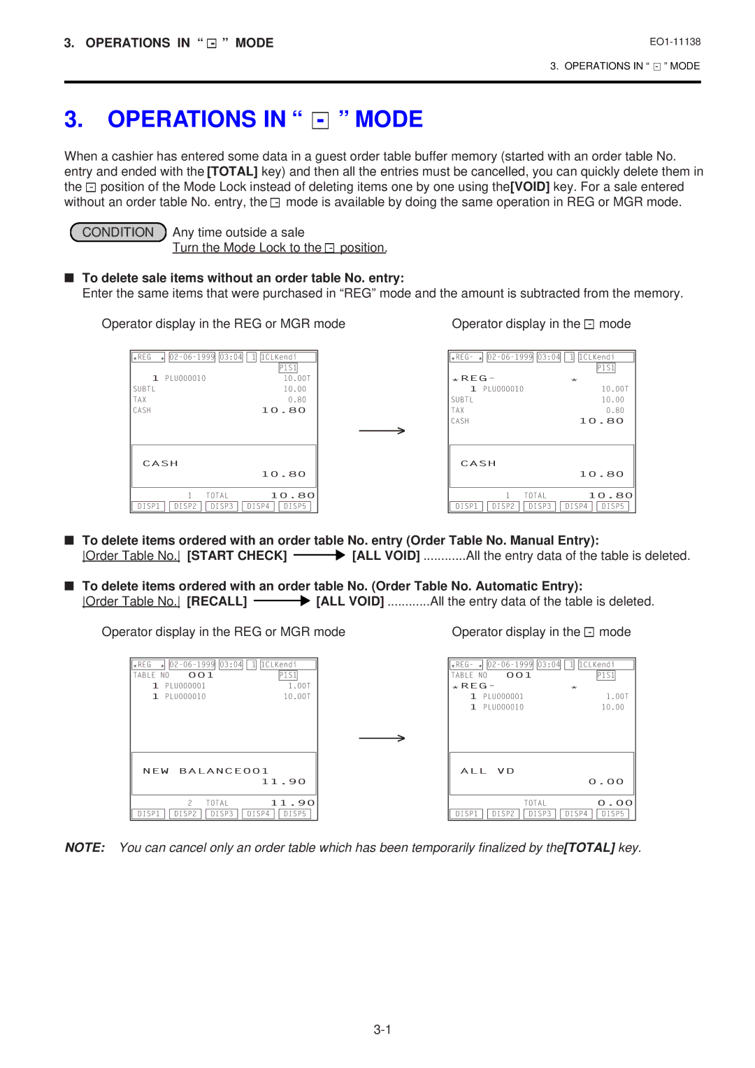 Toshiba FS-2600-1 Operations in Mode, To delete sale items without an order table No. entry, Operator display in the mode 