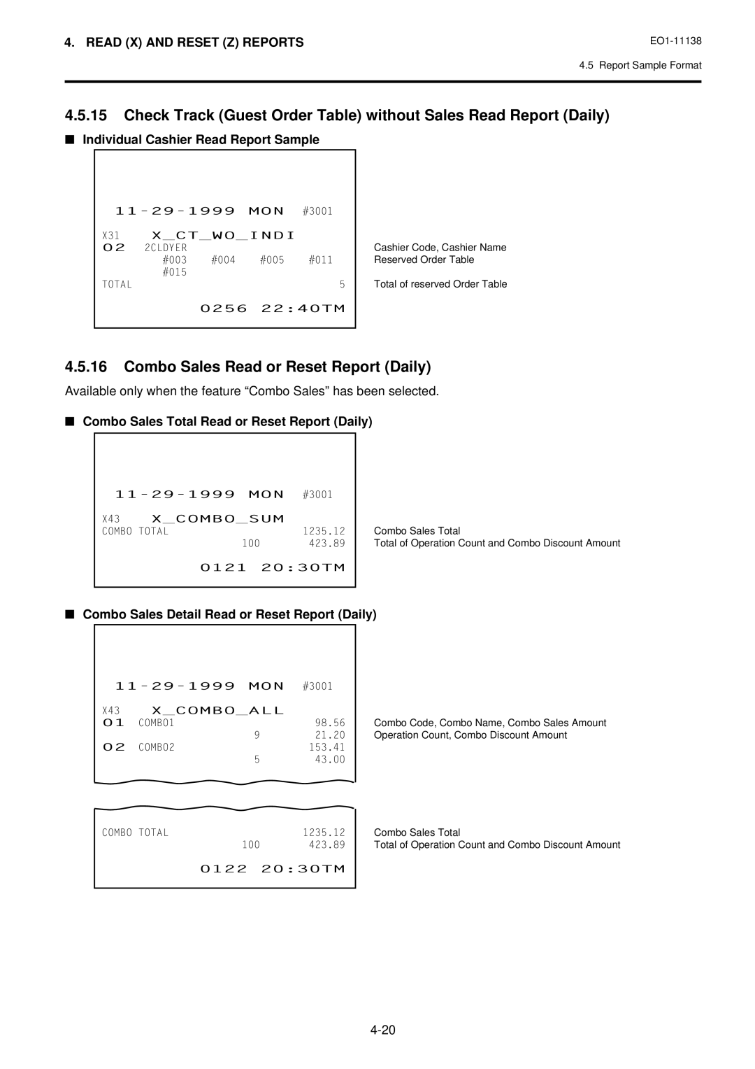 Toshiba FS-2600-1 owner manual Combo Sales Read or Reset Report Daily, Combo Sales Total Read or Reset Report Daily 