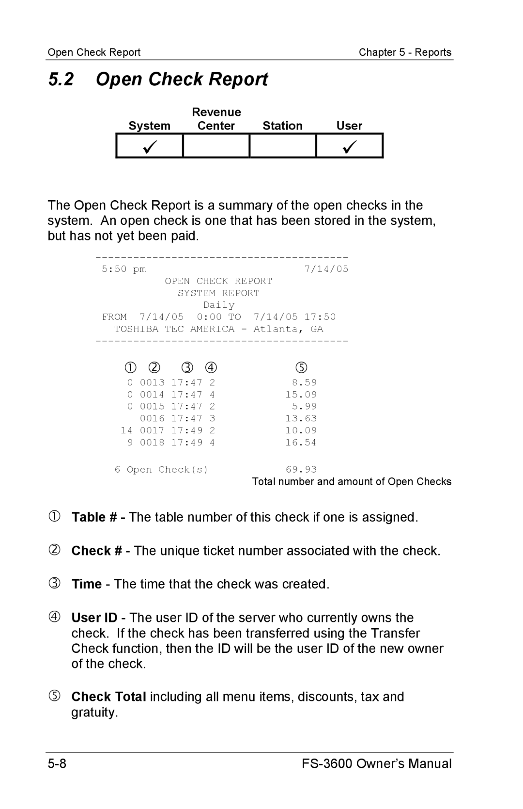 Toshiba FS-3600 owner manual Open Check Report, Revenue System Center Station User 