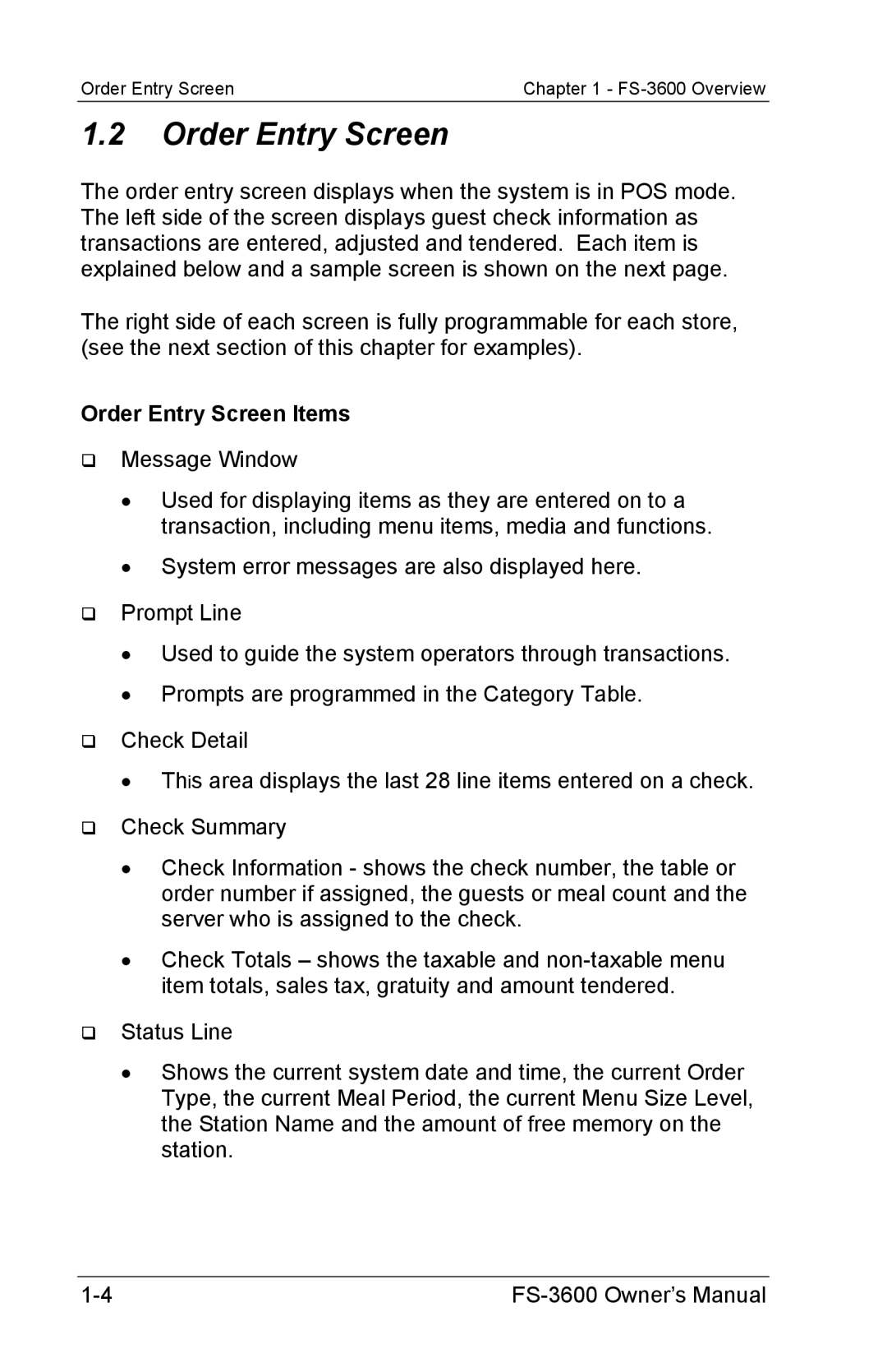 Toshiba FS-3600 owner manual Order Entry Screen Items 