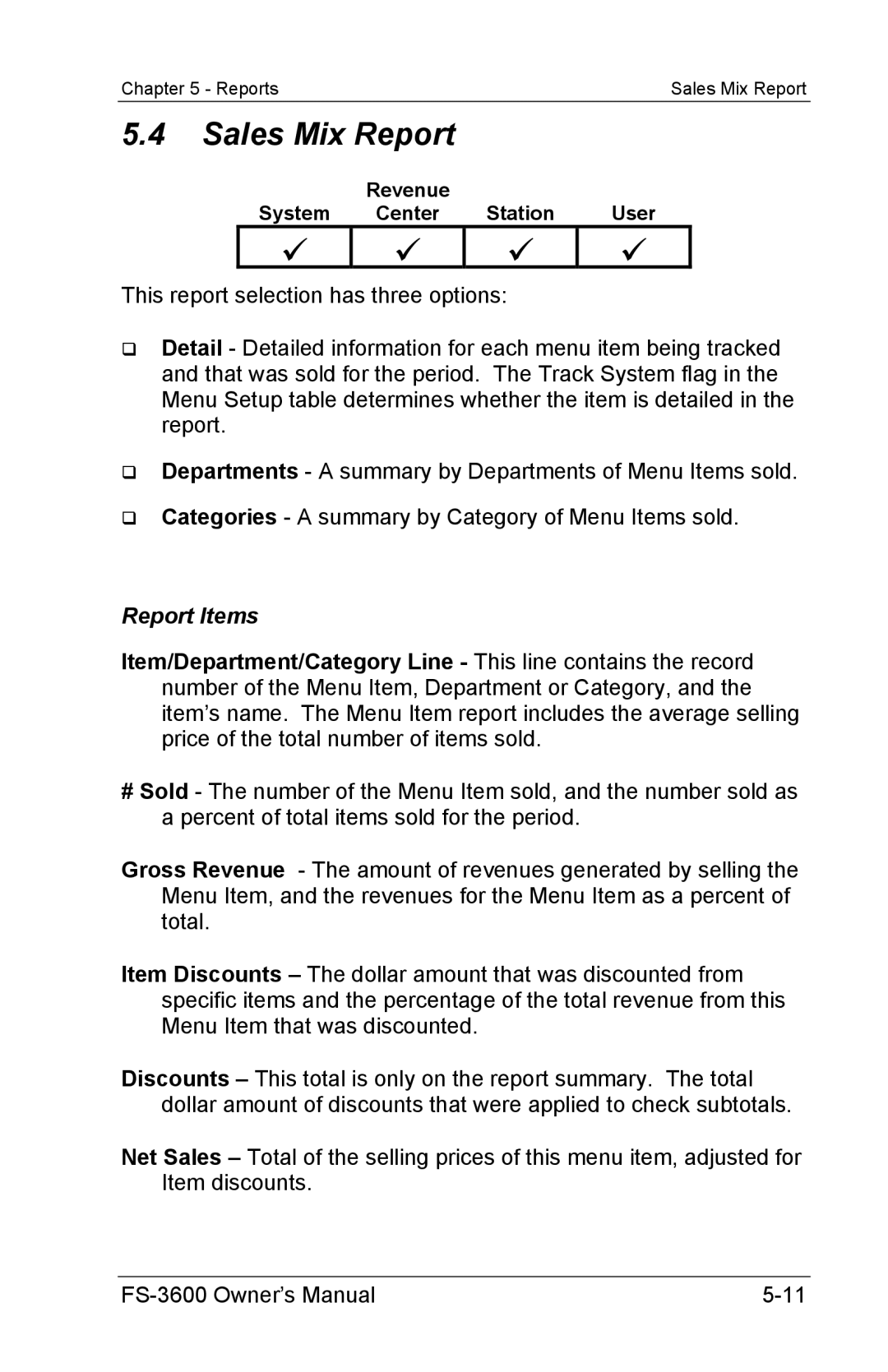 Toshiba FS-3600 owner manual Sales Mix Report, Report Items 