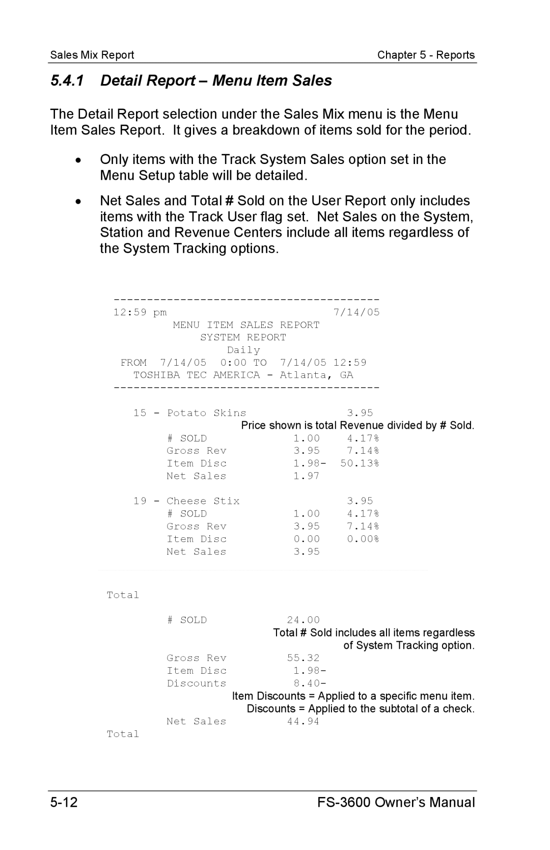 Toshiba FS-3600 owner manual Detail Report Menu Item Sales, Item Disc Discounts 