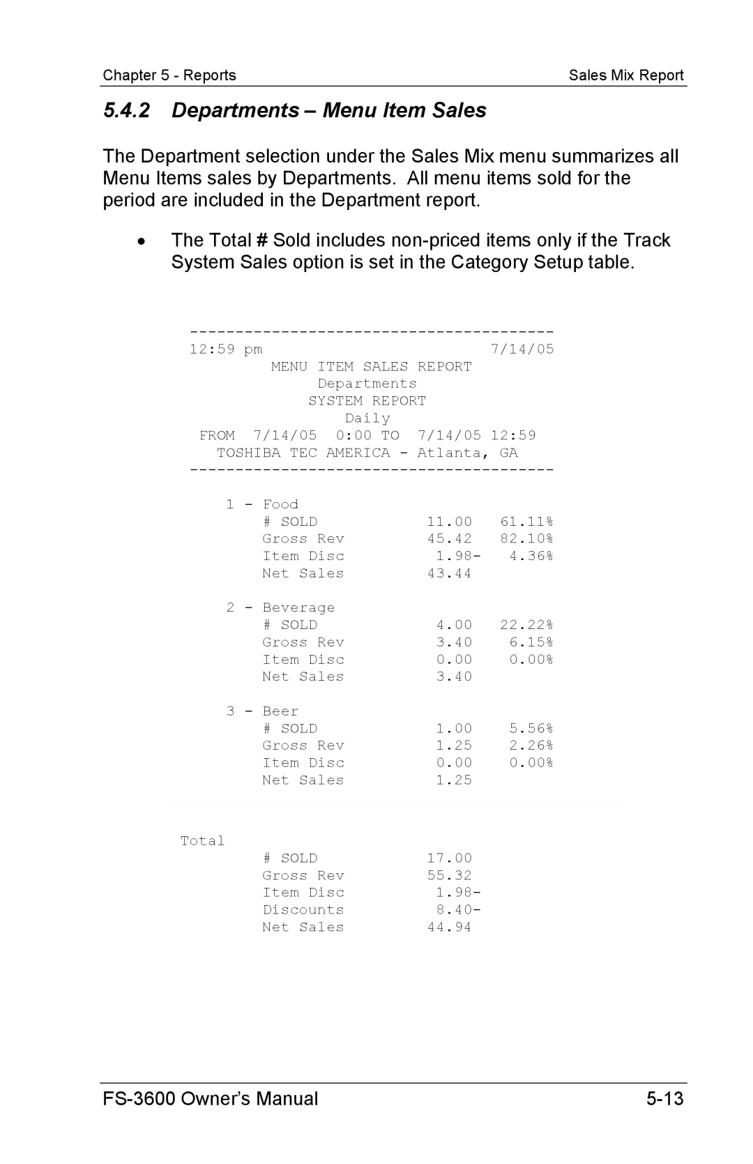 Toshiba FS-3600 owner manual Departments Menu Item Sales 