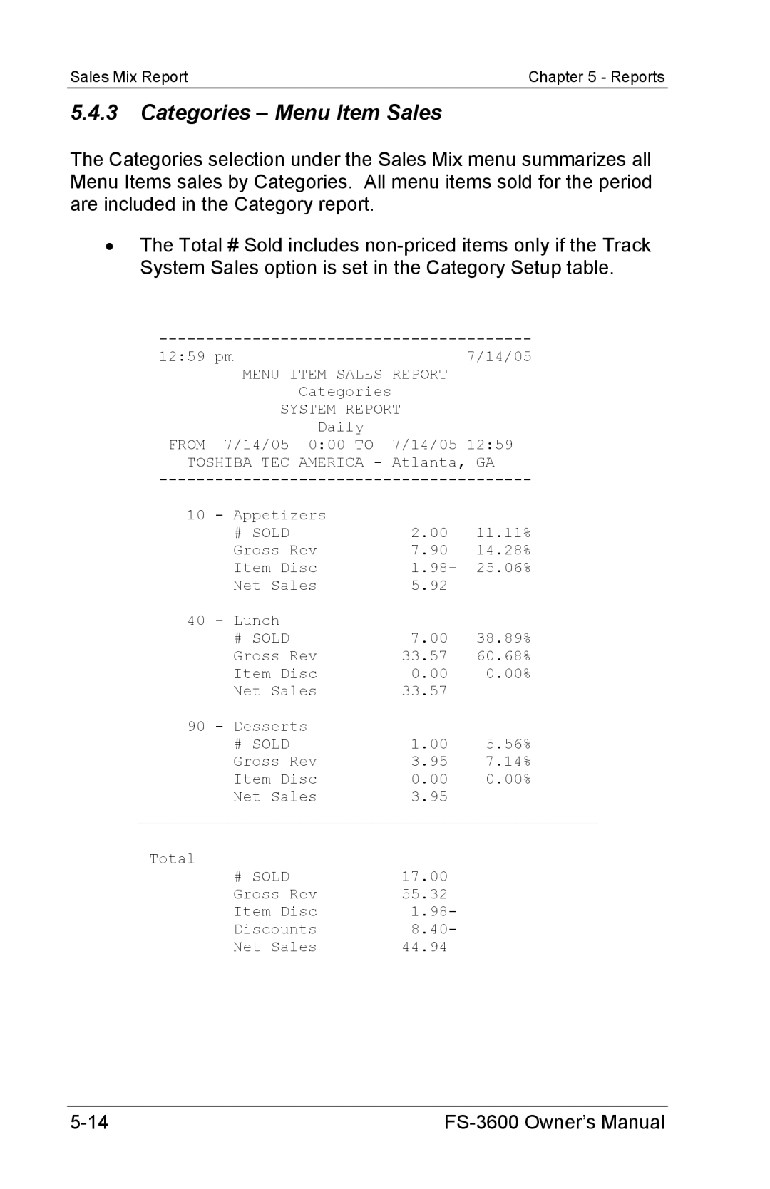 Toshiba FS-3600 owner manual Categories Menu Item Sales 