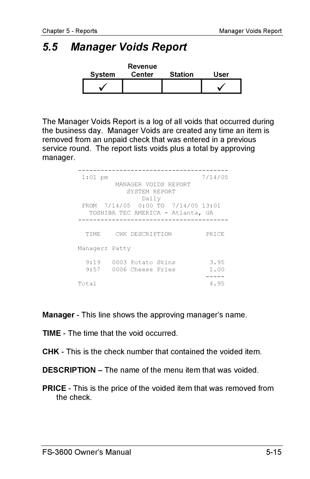 Toshiba FS-3600 owner manual Manager Voids Report, Revenue System Center Station User 