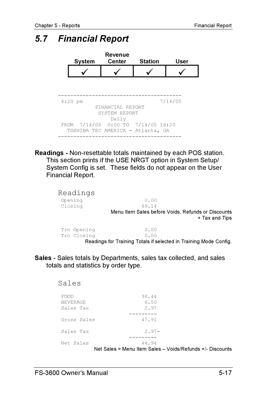 Toshiba FS-3600 owner manual Financial Report, Readings 