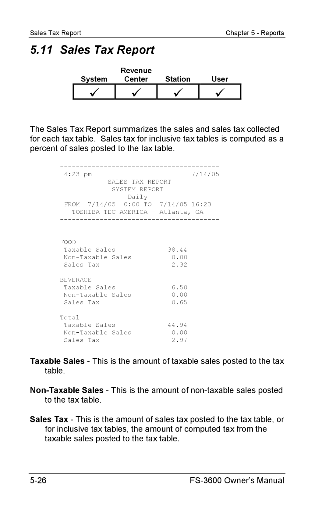 Toshiba FS-3600 owner manual Sales Tax Report 