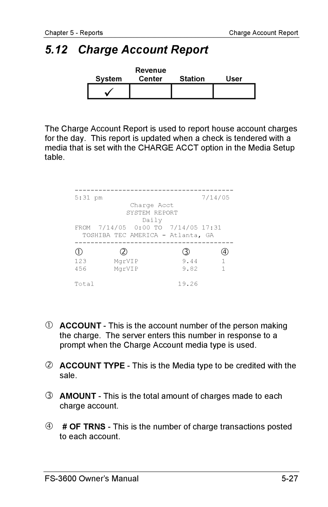 Toshiba FS-3600 owner manual Charge Account Report 