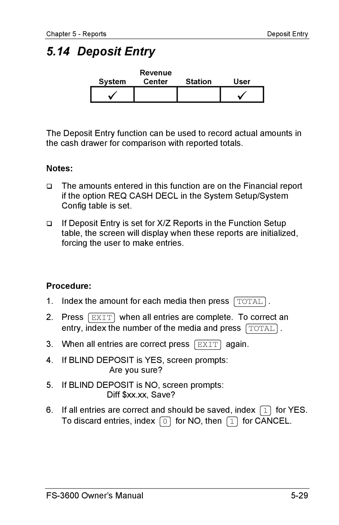 Toshiba FS-3600 owner manual Deposit Entry, Procedure 