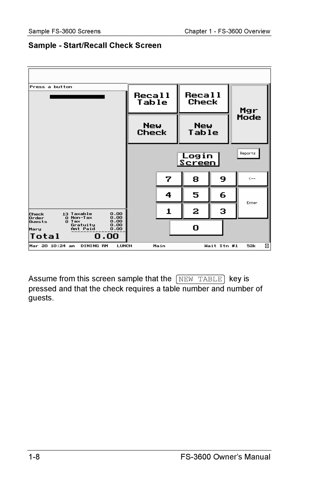 Toshiba FS-3600 owner manual Sample Start/Recall Check Screen 