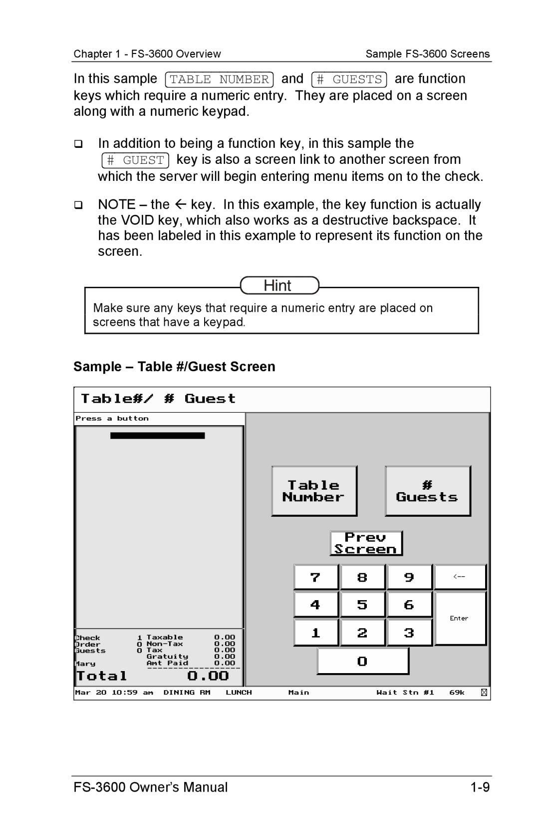 Toshiba FS-3600 owner manual Sample Table #/Guest Screen 