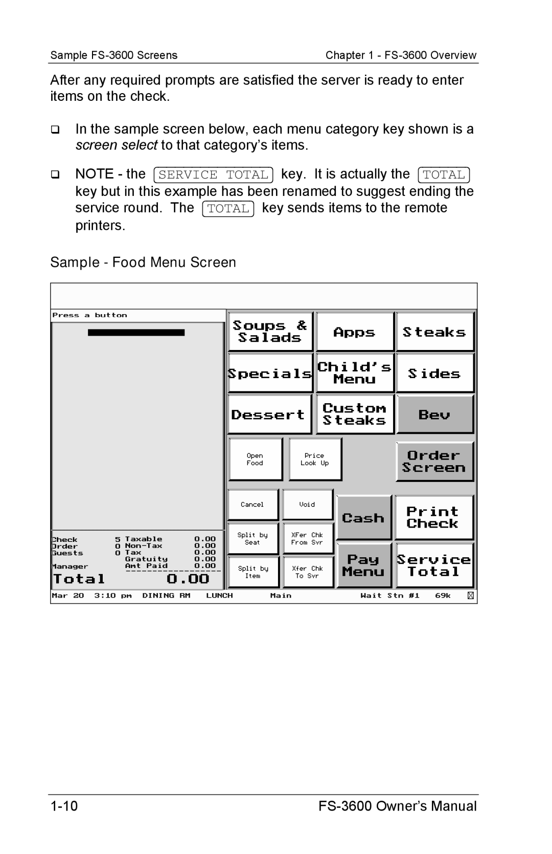 Toshiba FS-3600 owner manual Sample Food Menu Screen 