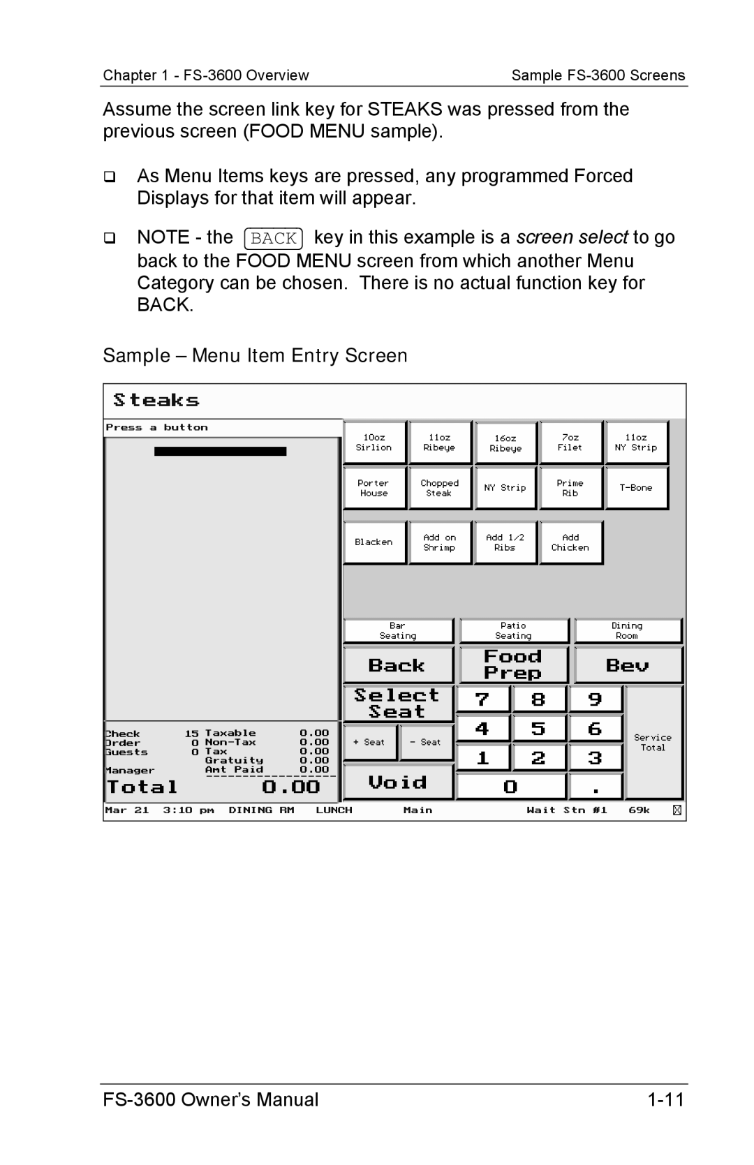 Toshiba FS-3600 owner manual Sample Menu Item Entry Screen 