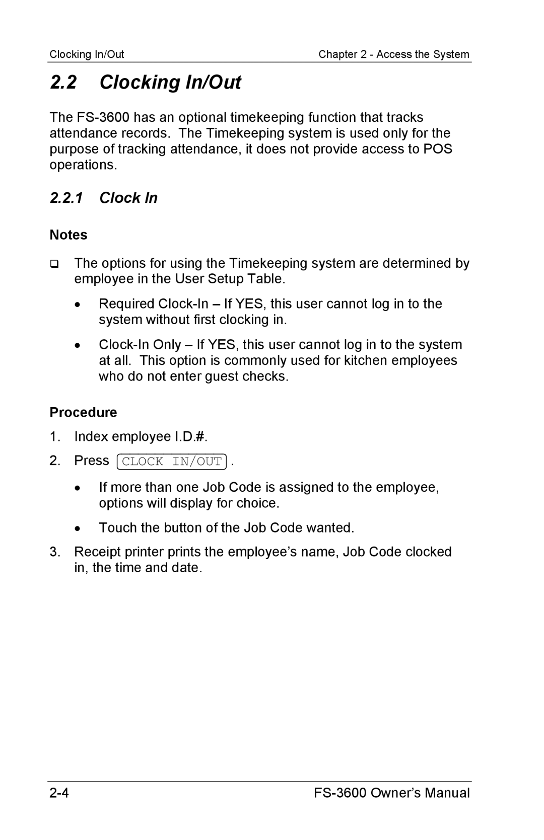 Toshiba FS-3600 owner manual Clocking In/Out, Procedure 