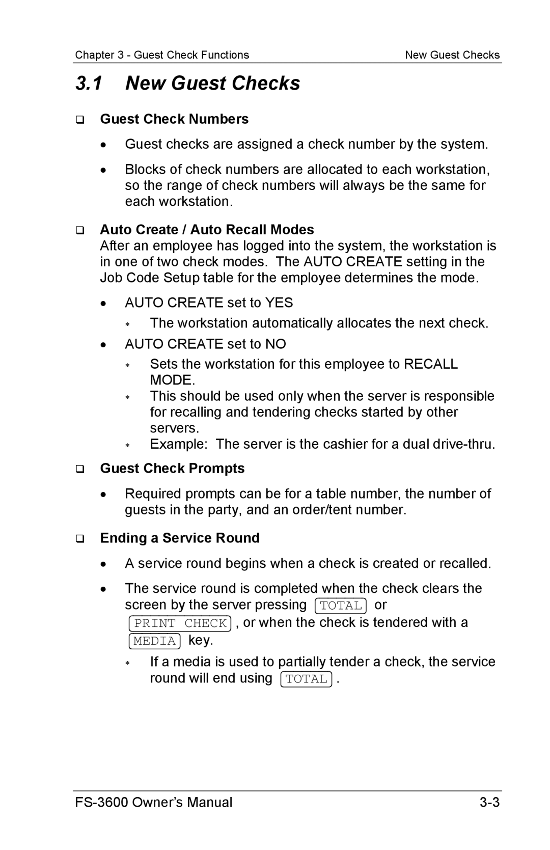 Toshiba FS-3600 owner manual New Guest Checks, Guest Check Numbers, Auto Create / Auto Recall Modes, Guest Check Prompts 