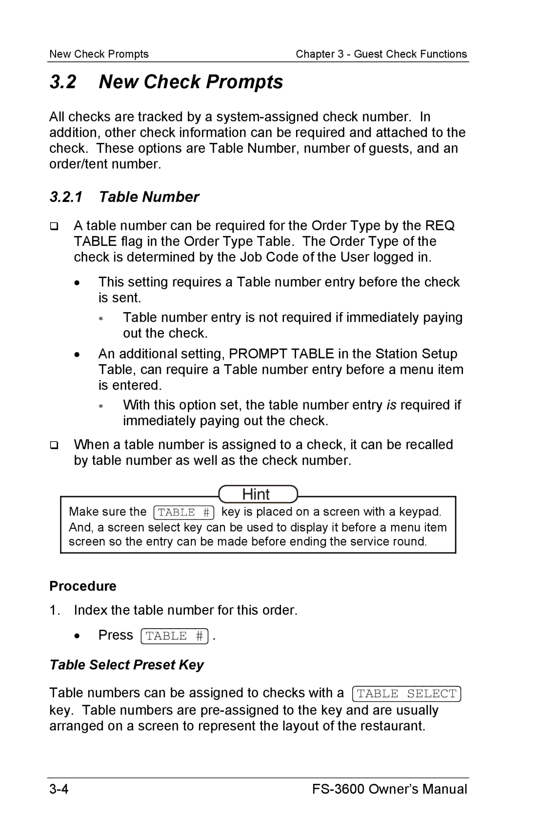 Toshiba FS-3600 owner manual New Check Prompts, Table Number, Table Select Preset Key 