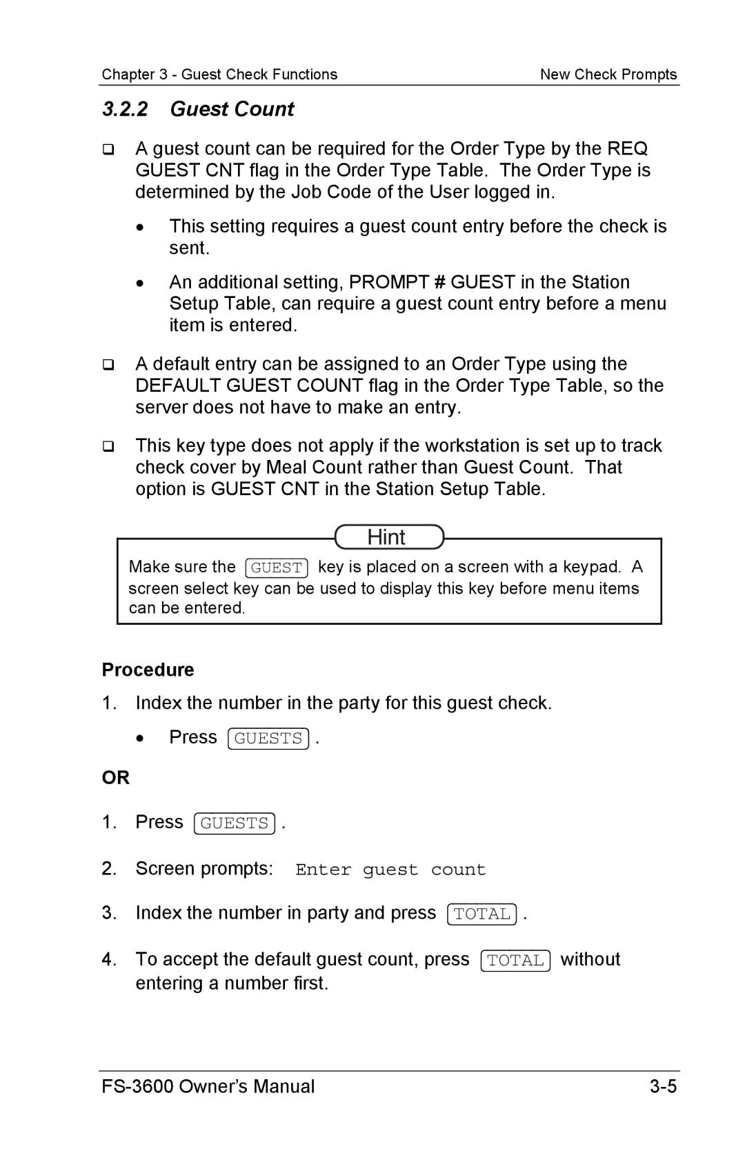 Toshiba FS-3600 owner manual Guest Count, Screen prompts Enter guest count 