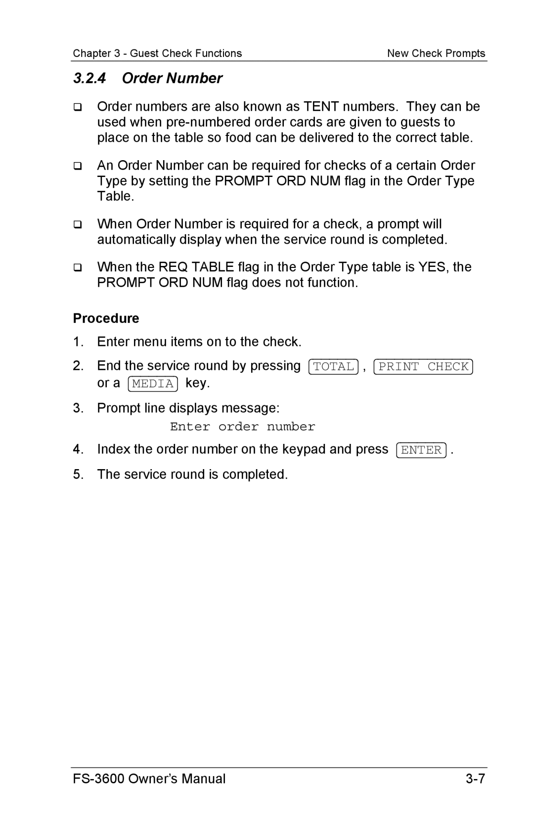 Toshiba FS-3600 owner manual Order Number, Enter order number 