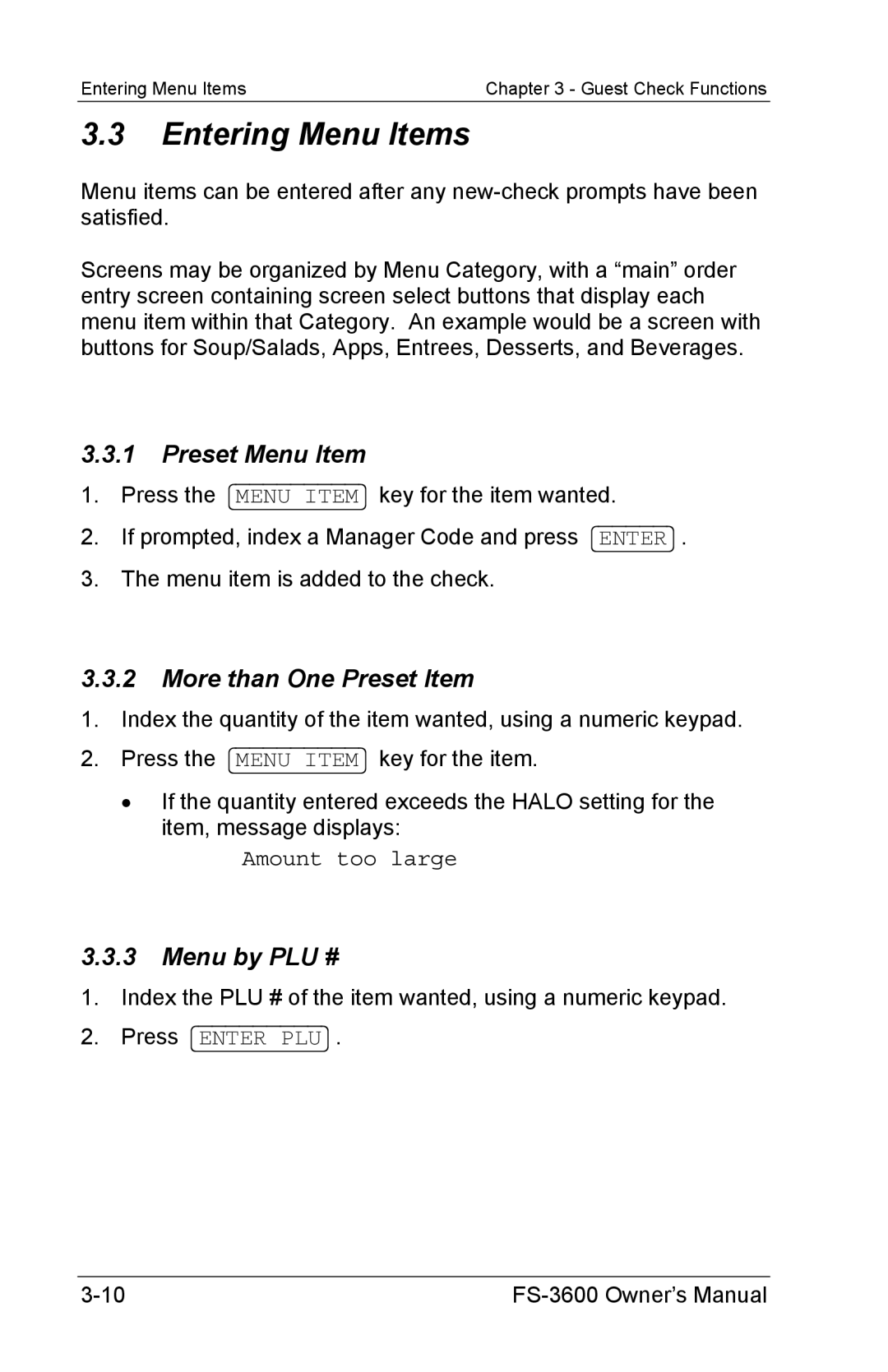 Toshiba FS-3600 Entering Menu Items, Preset Menu Item, More than One Preset Item, Menu by PLU #, Amount too large 