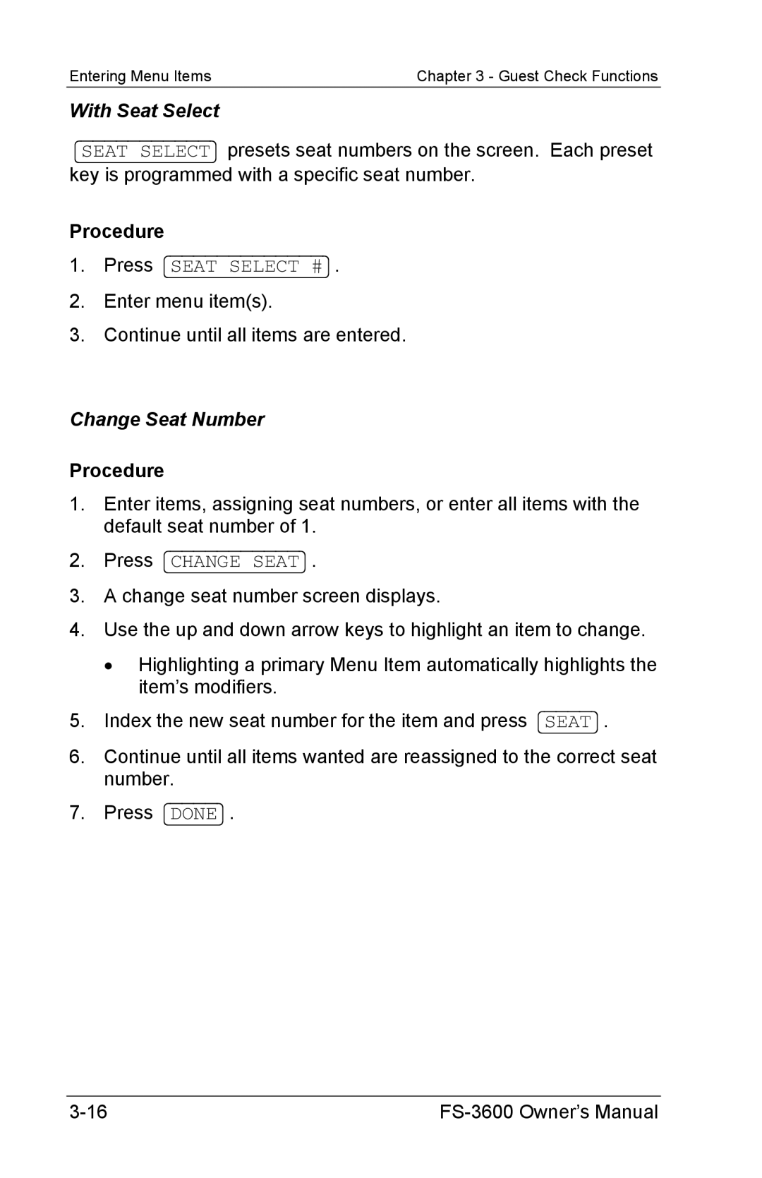 Toshiba FS-3600 owner manual With Seat Select, Change Seat Number 