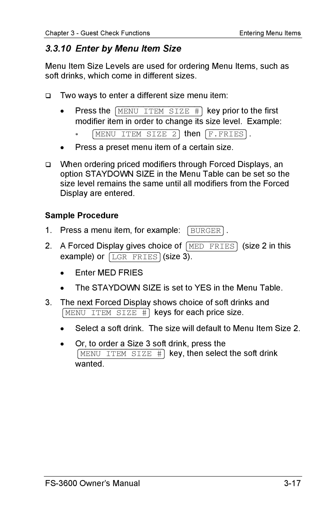 Toshiba FS-3600 owner manual Enter by Menu Item Size, Sample Procedure 