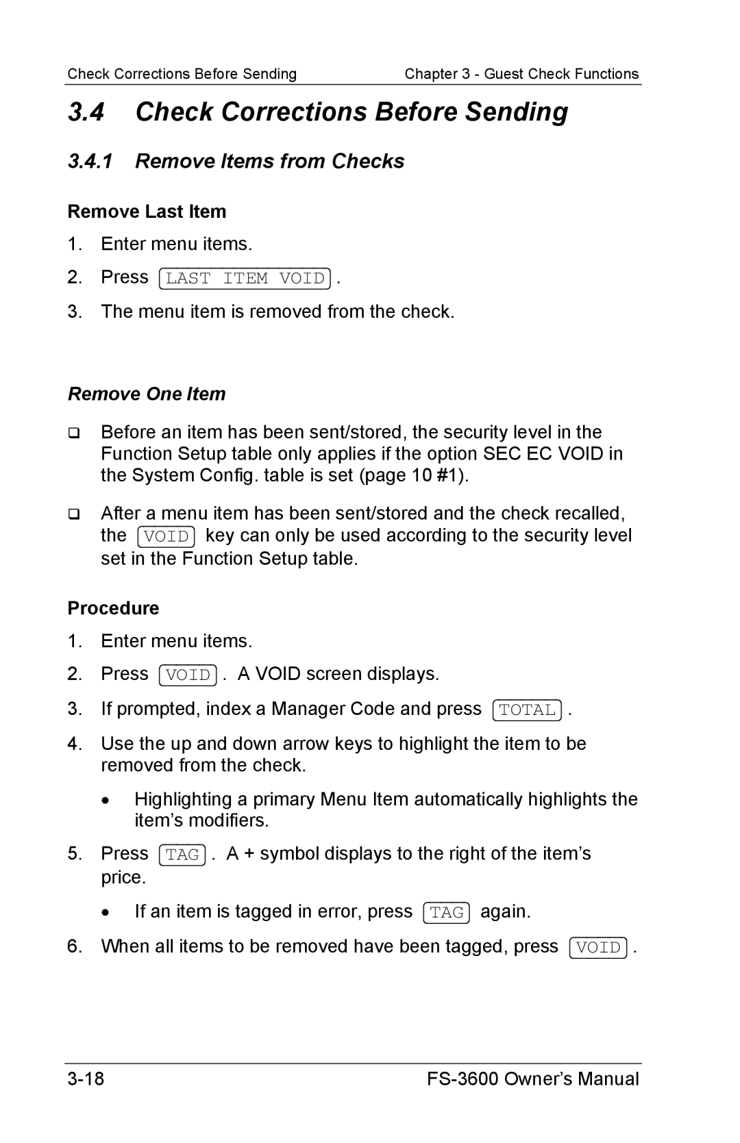 Toshiba FS-3600 owner manual Check Corrections Before Sending, Remove Items from Checks, Remove Last Item, Remove One Item 