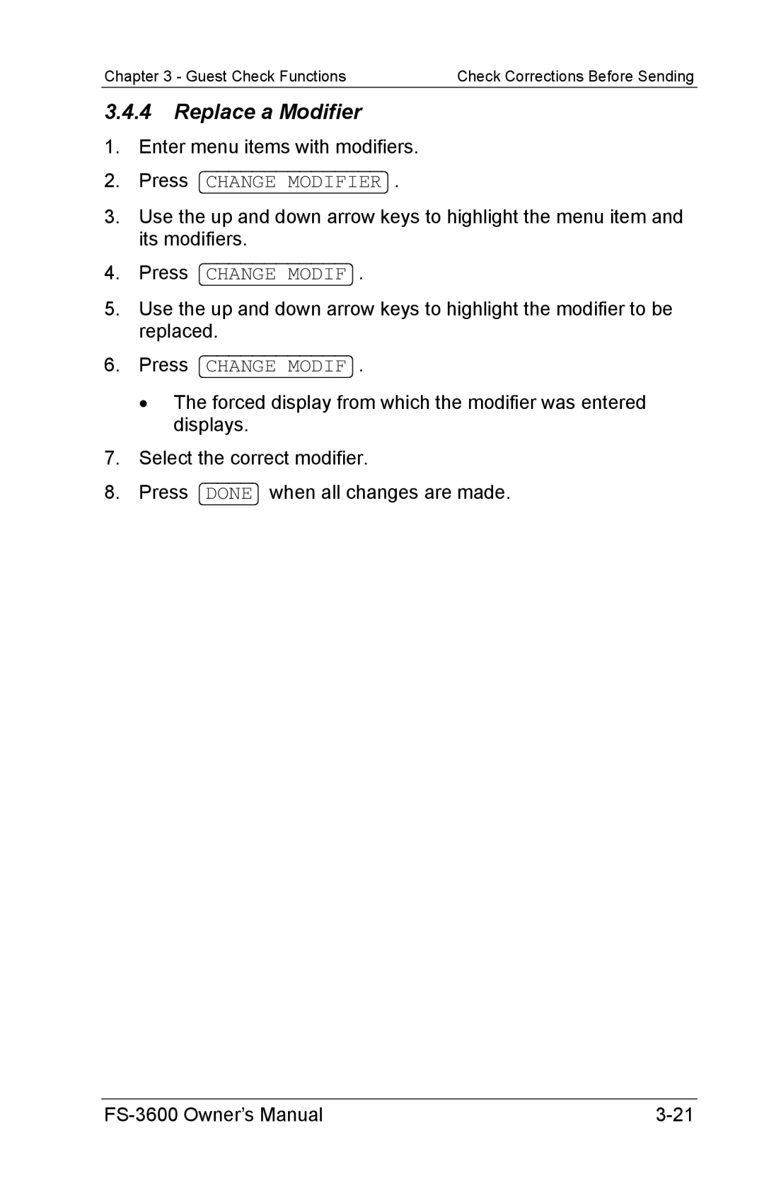 Toshiba FS-3600 owner manual Replace a Modifier 