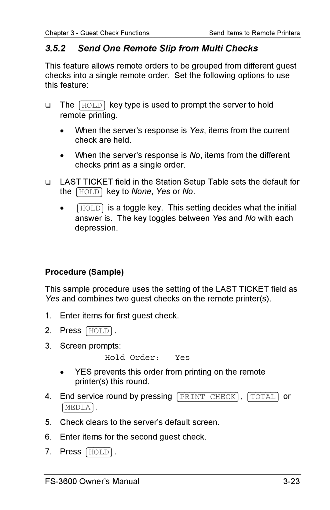 Toshiba FS-3600 owner manual Send One Remote Slip from Multi Checks, Procedure Sample, Hold Order Yes 