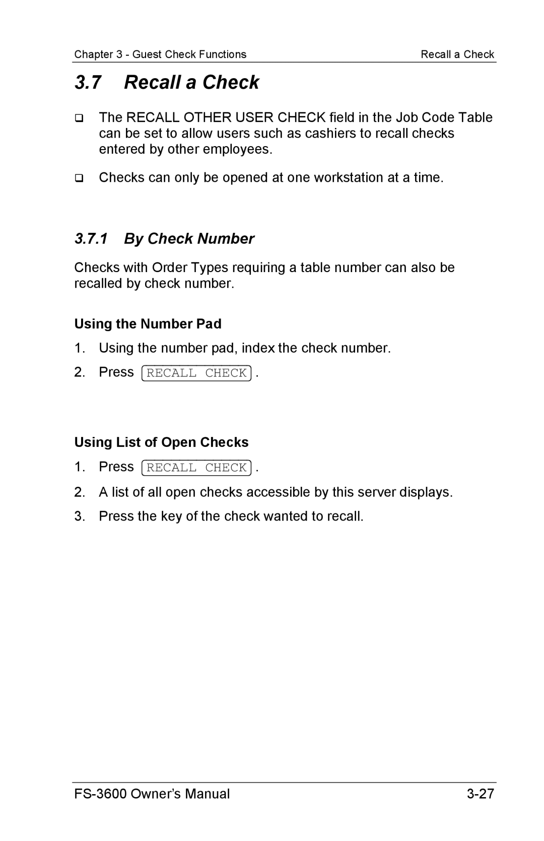 Toshiba FS-3600 owner manual Recall a Check, By Check Number, Using the Number Pad, Using List of Open Checks 