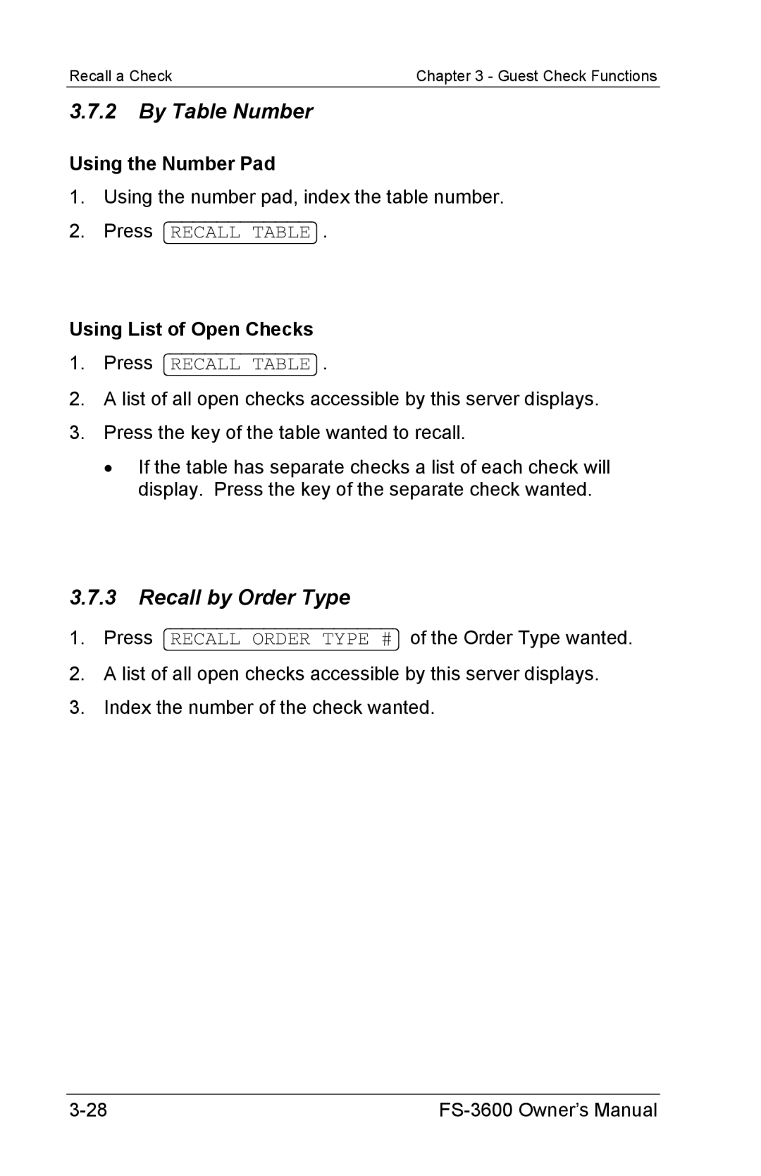 Toshiba FS-3600 owner manual By Table Number, Recall by Order Type 