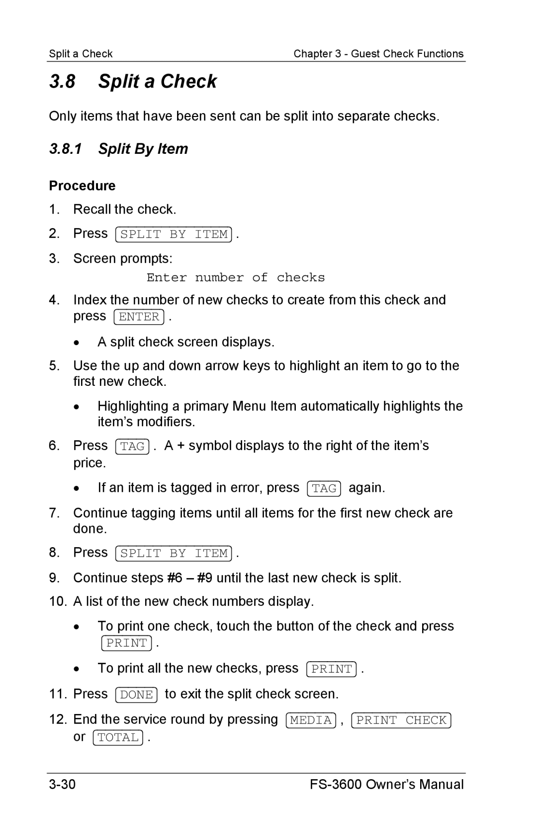 Toshiba FS-3600 owner manual Split a Check, Split By Item, Enter number of checks 