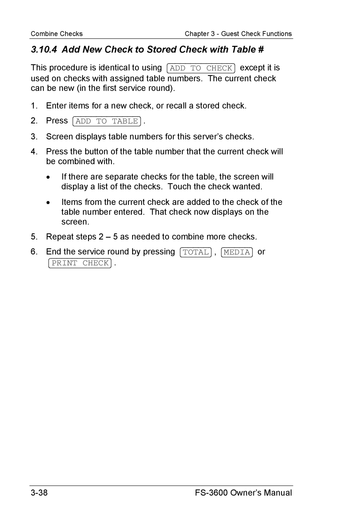 Toshiba FS-3600 owner manual Add New Check to Stored Check with Table # 