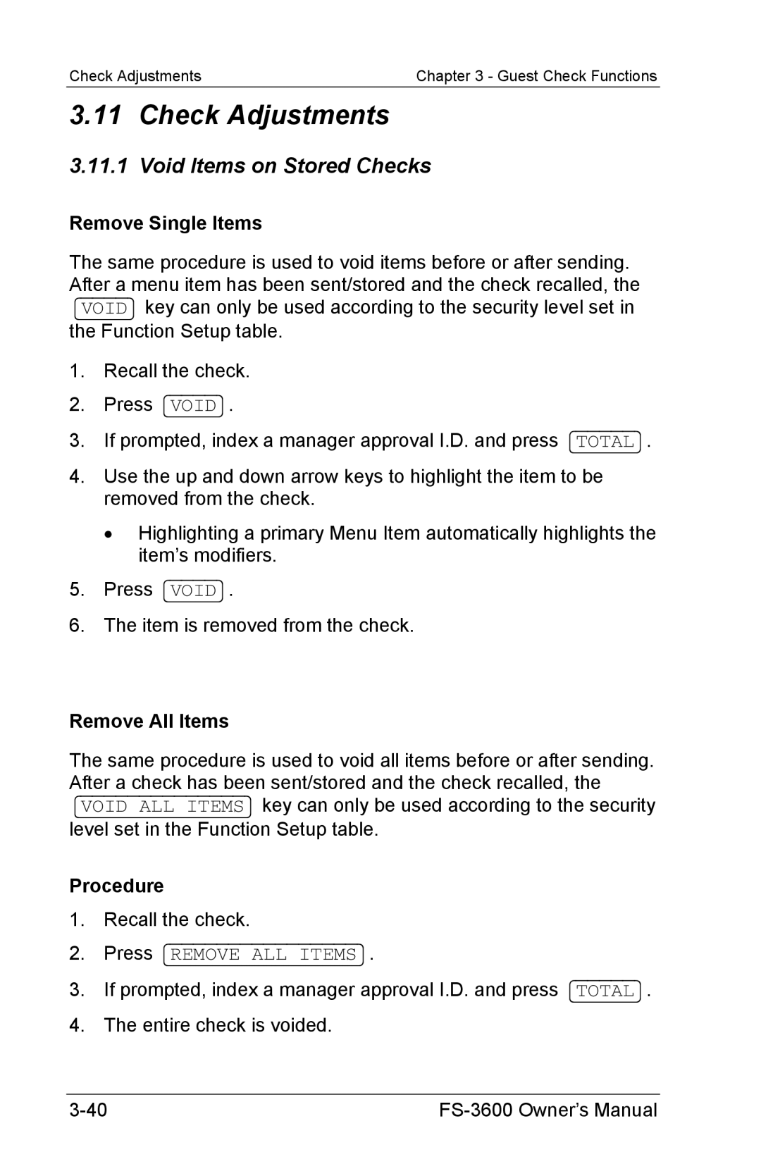 Toshiba FS-3600 owner manual Check Adjustments, Void Items on Stored Checks, Remove Single Items, Remove All Items 