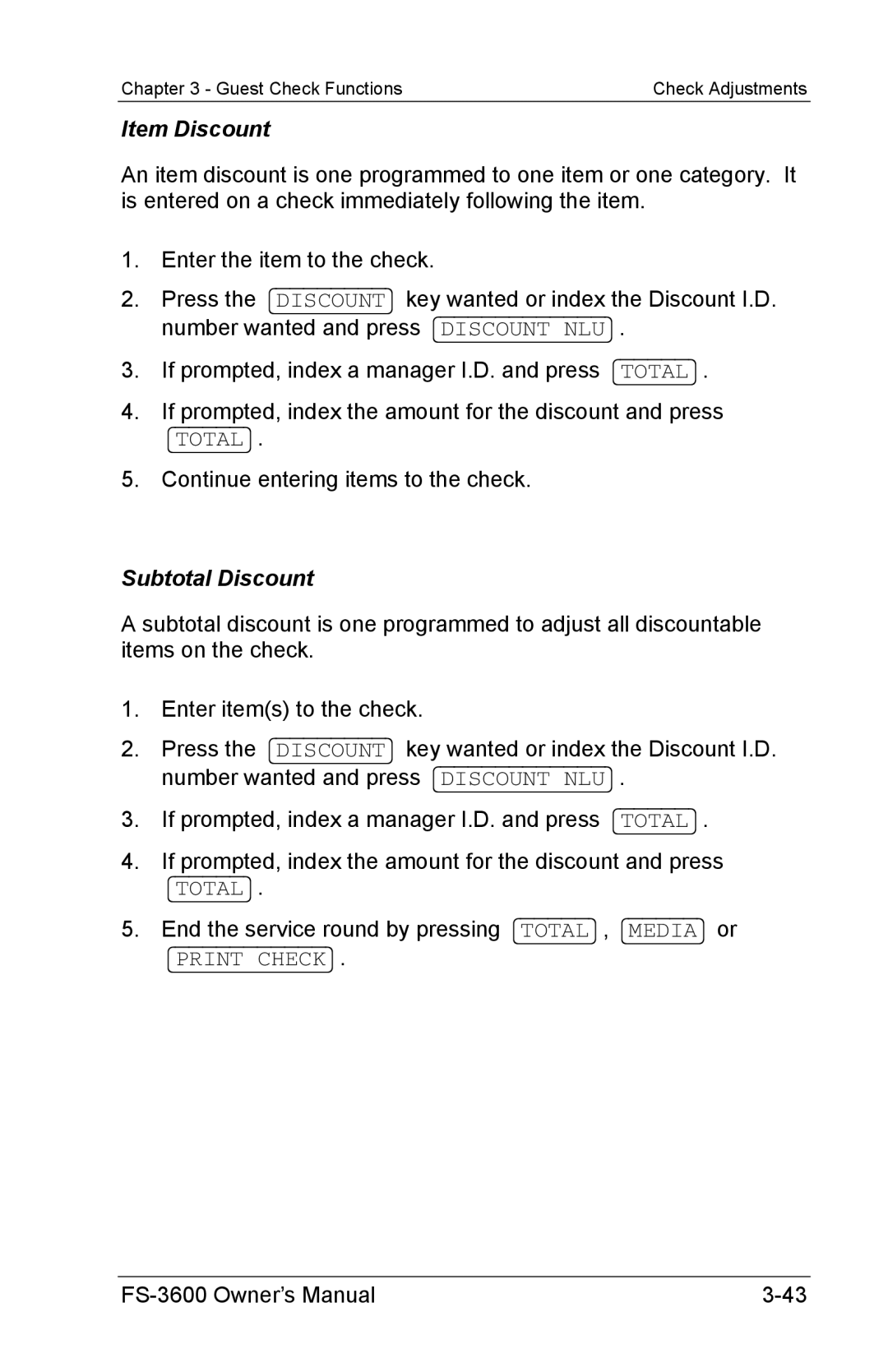 Toshiba FS-3600 owner manual Item Discount, Subtotal Discount 