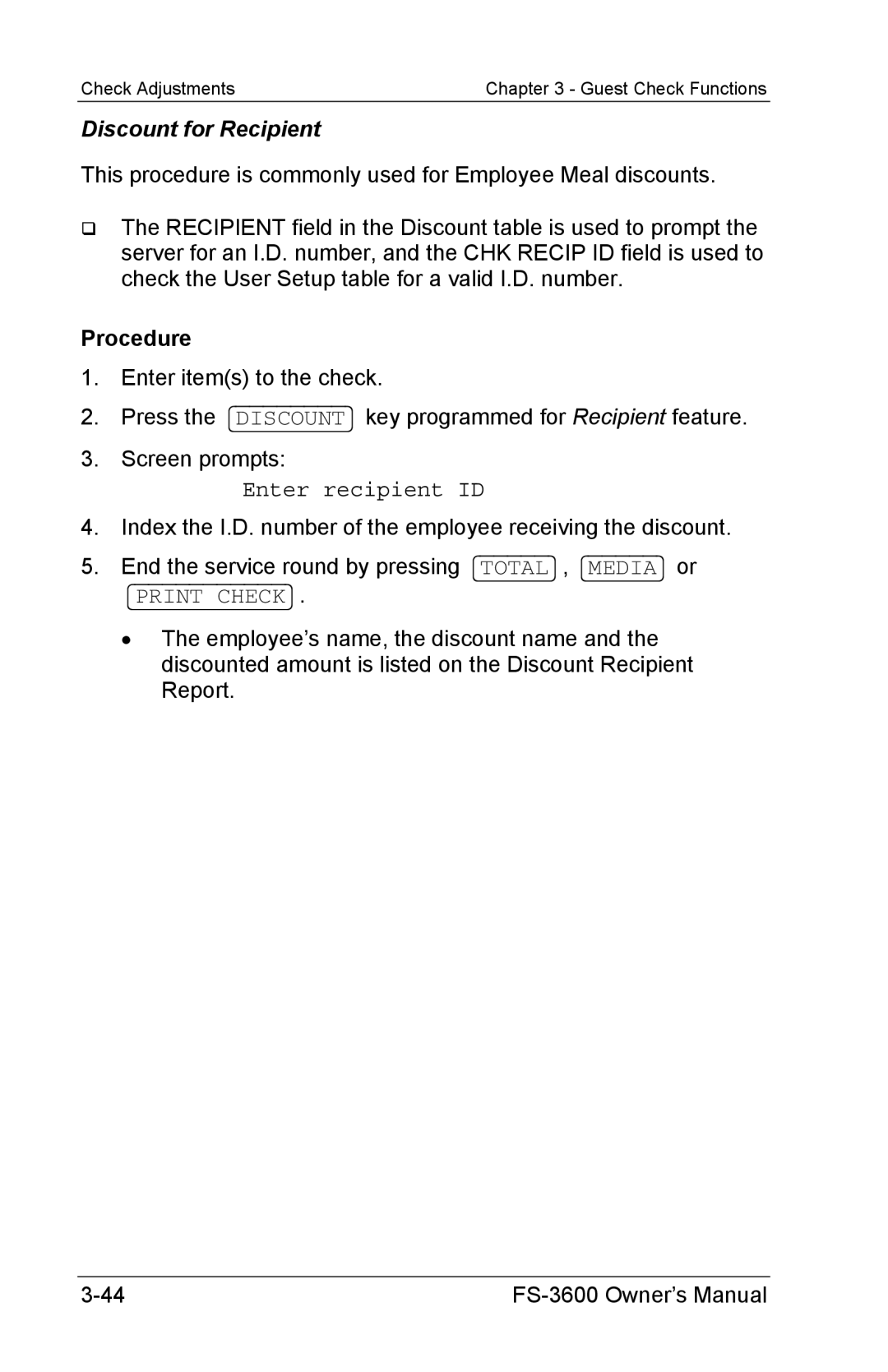 Toshiba FS-3600 owner manual Discount for Recipient, Enter recipient ID 