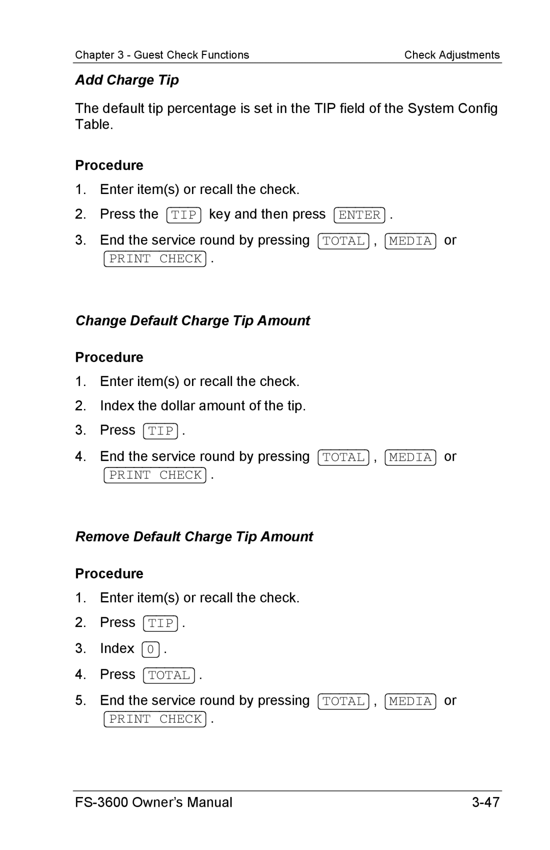 Toshiba FS-3600 owner manual Add Charge Tip, Change Default Charge Tip Amount, Remove Default Charge Tip Amount 