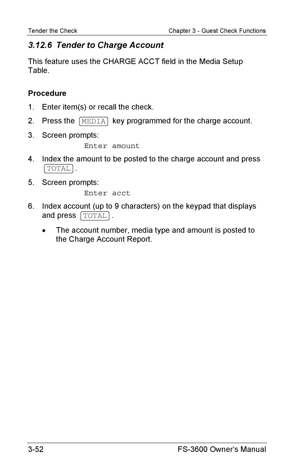 Toshiba FS-3600 owner manual Tender to Charge Account, Enter amount, Enter acct 