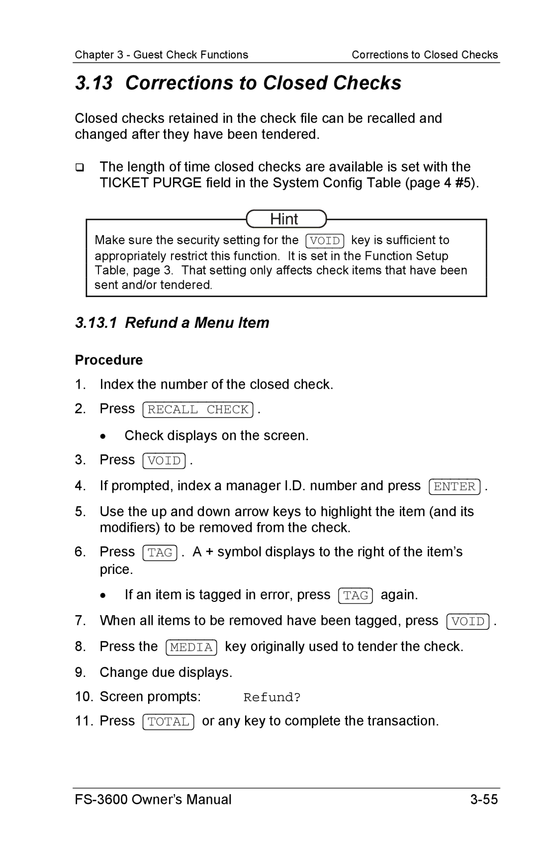 Toshiba FS-3600 owner manual Corrections to Closed Checks, Refund a Menu Item, Refund? 