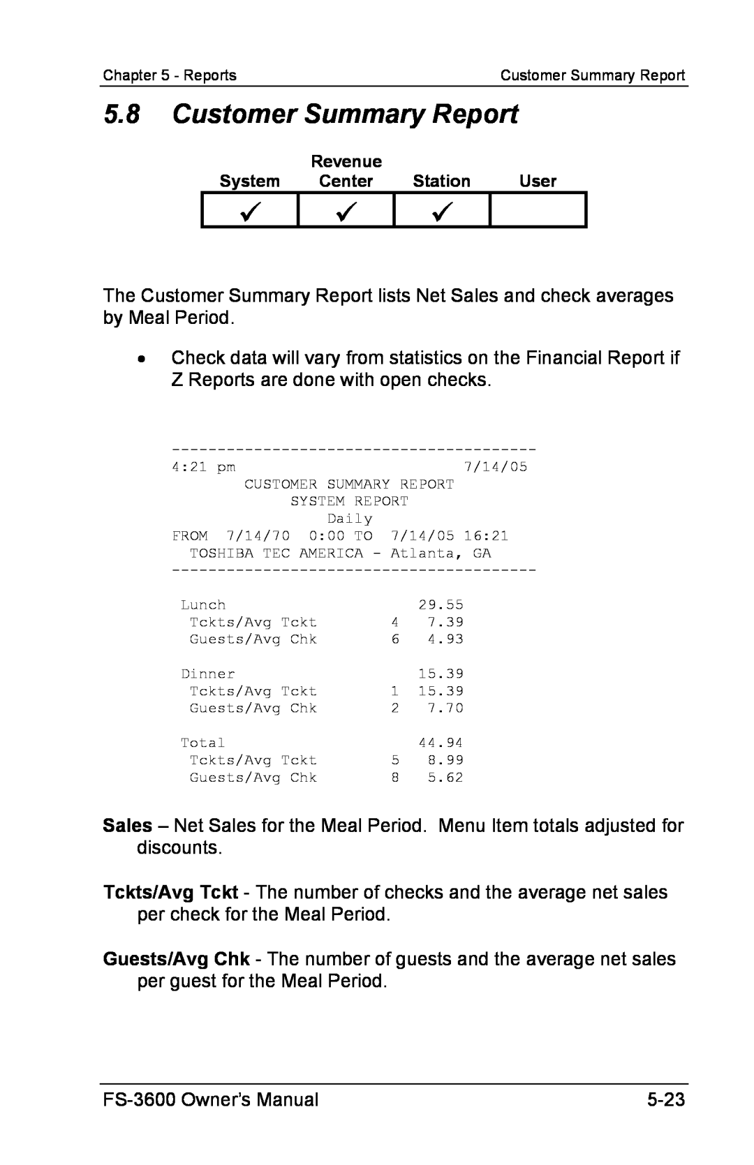Toshiba FS-3600 owner manual 5.8Customer Summary Report 