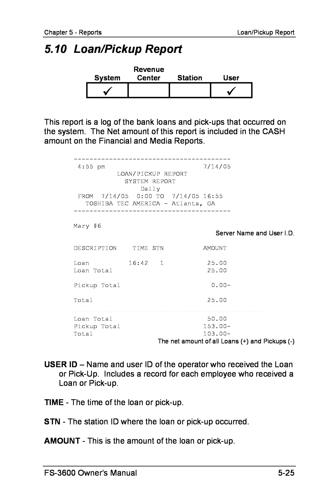 Toshiba FS-3600 owner manual Loan/Pickup Report 