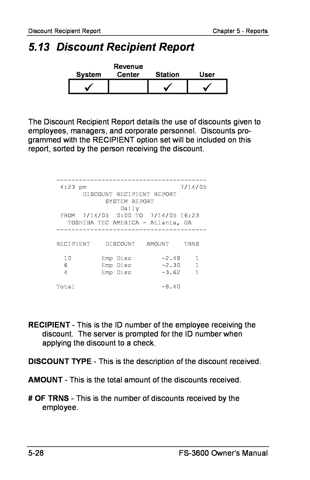 Toshiba FS-3600 owner manual Discount Recipient Report 