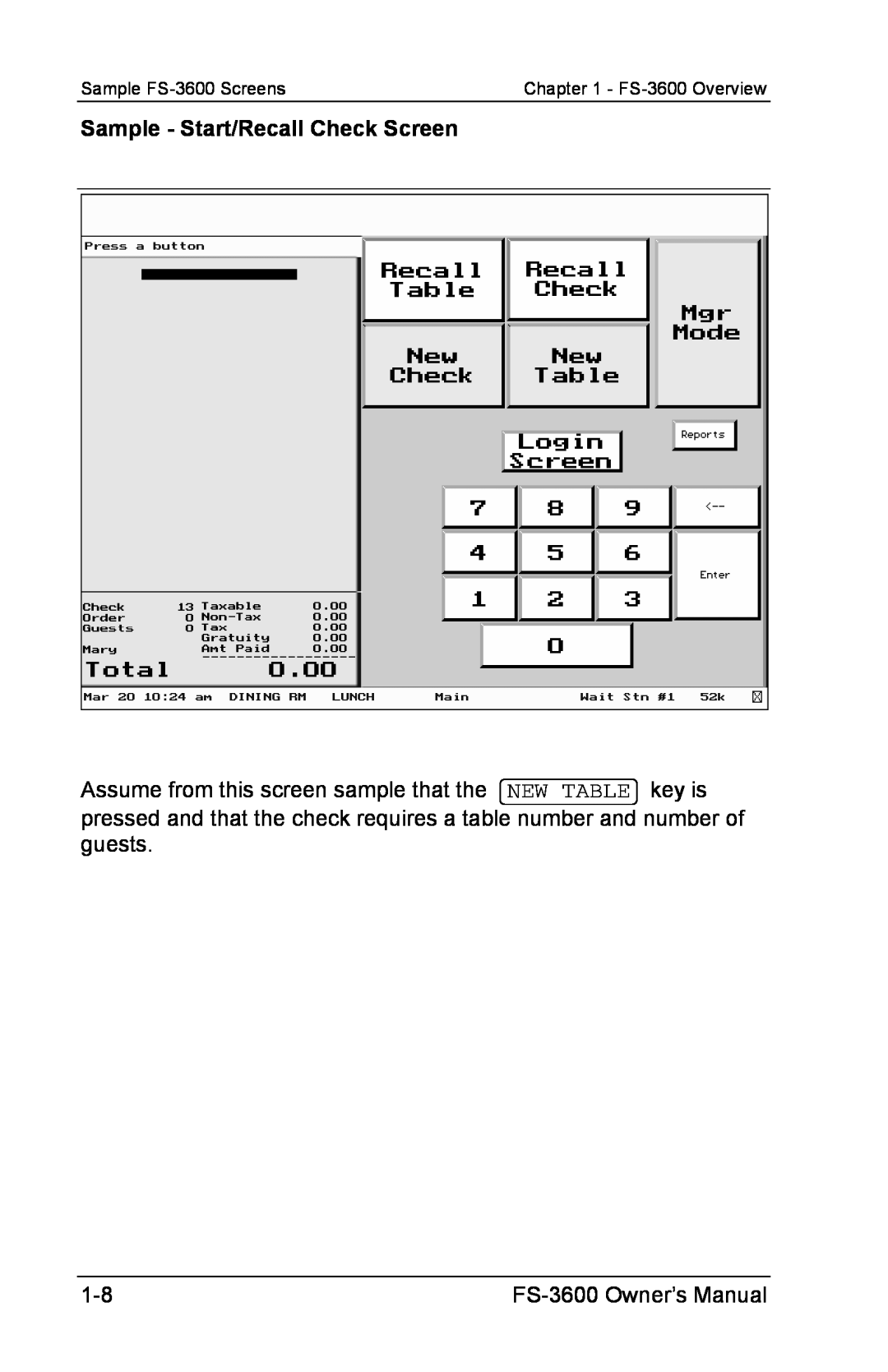 Toshiba owner manual Sample - Start/Recall Check Screen, FS-3600Owner’s Manual, Sample FS-3600Screens, FS-3600Overview 