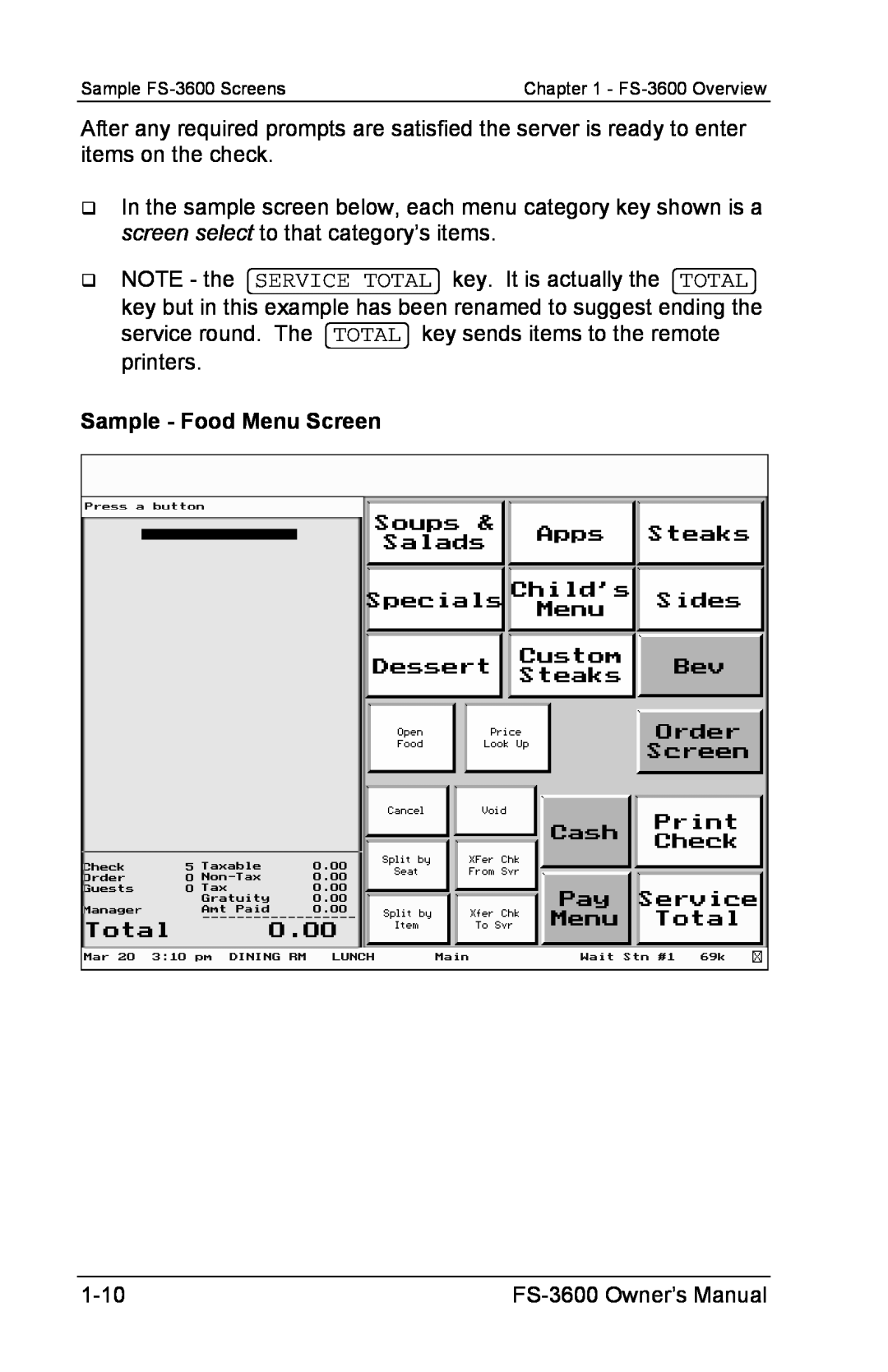 Toshiba FS-3600 owner manual Sample - Food Menu Screen 