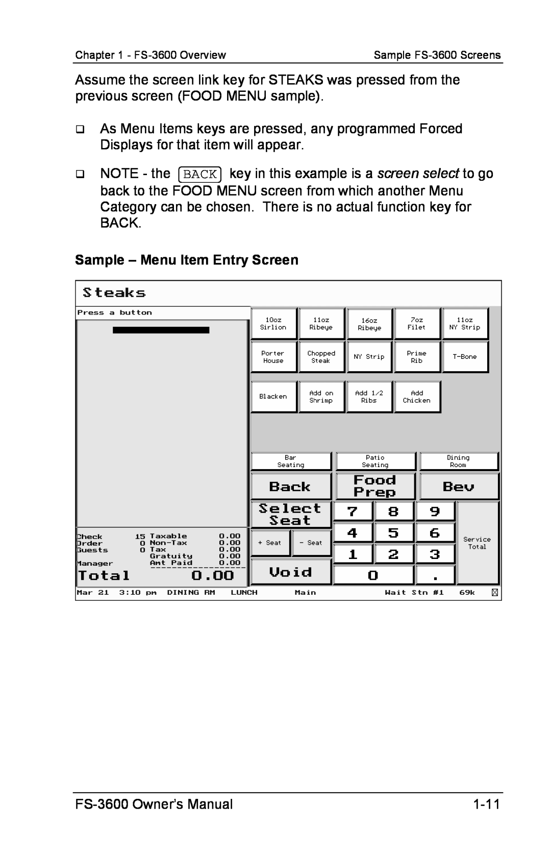 Toshiba FS-3600 owner manual Sample – Menu Item Entry Screen 