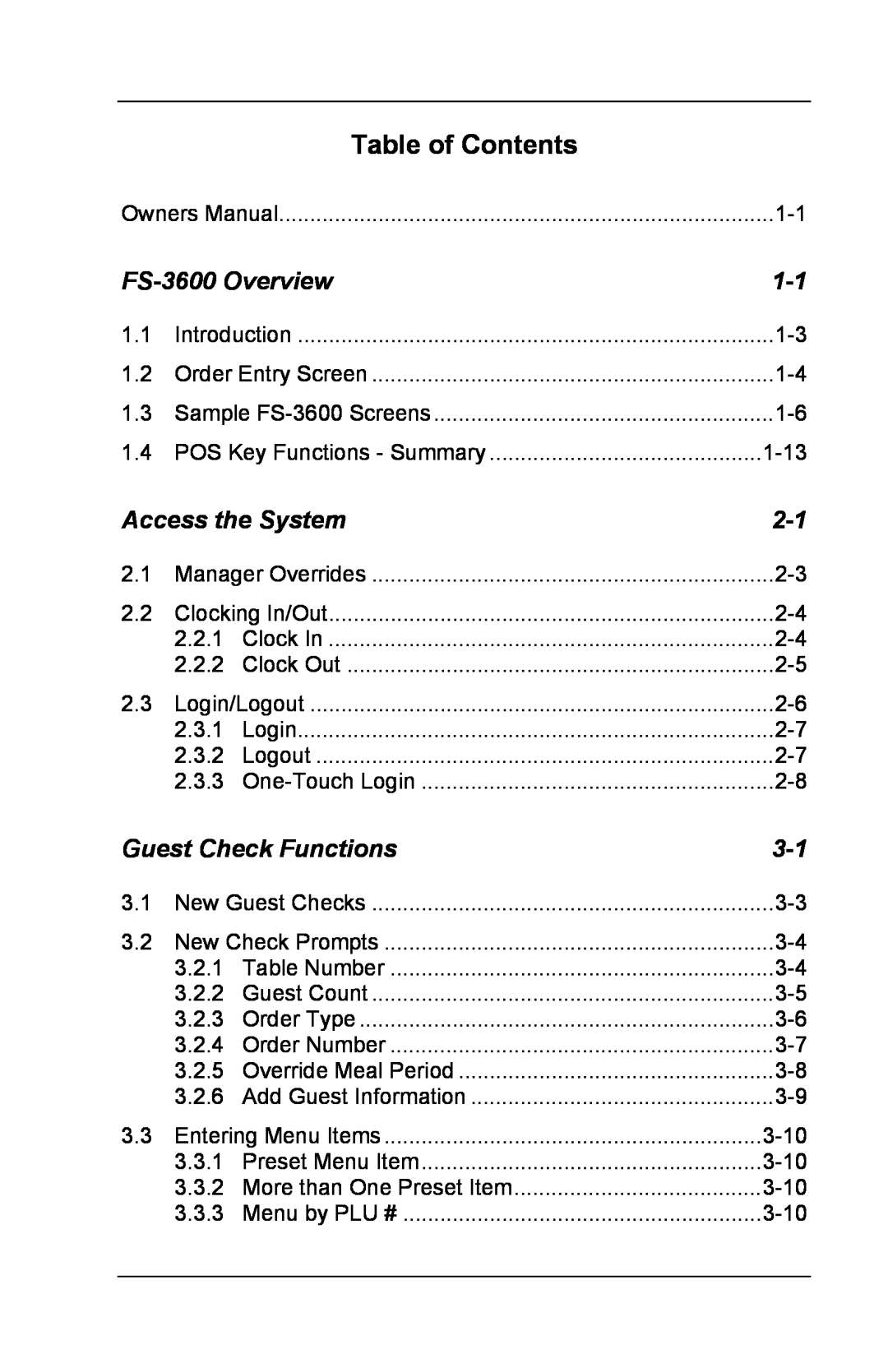Toshiba owner manual Table of Contents, FS-3600Overview, Access the System, Guest Check Functions 