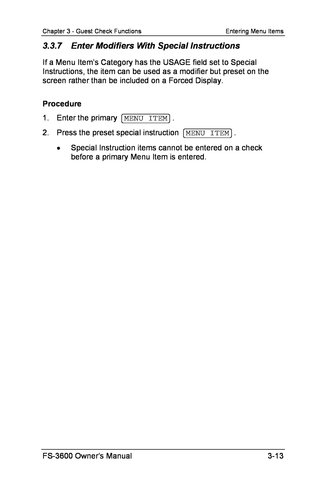 Toshiba FS-3600 owner manual 3.3.7Enter Modifiers With Special Instructions, Procedure 