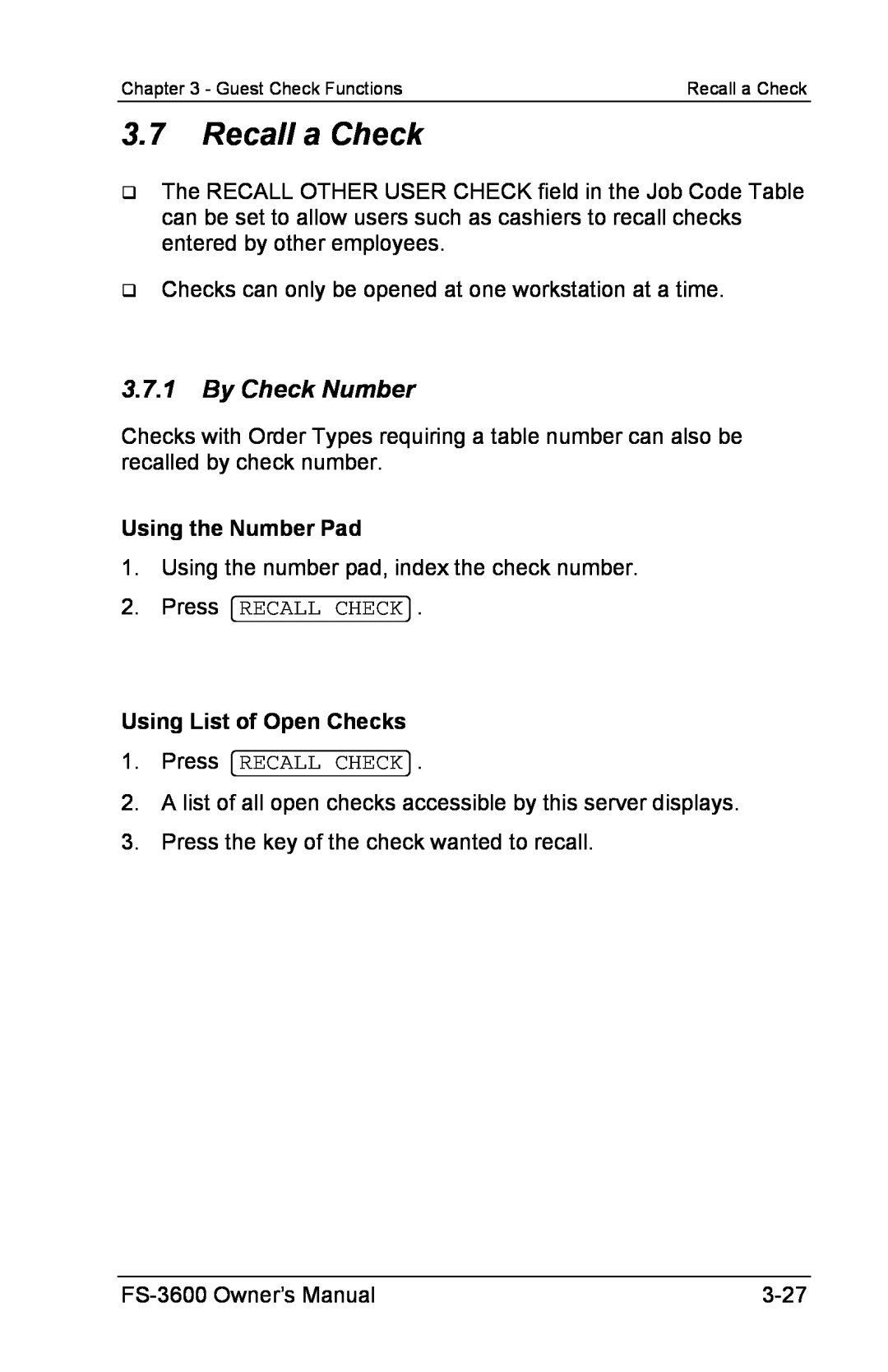 Toshiba FS-3600 owner manual 3.7Recall a Check, 3.7.1By Check Number, Using the Number Pad, Using List of Open Checks 